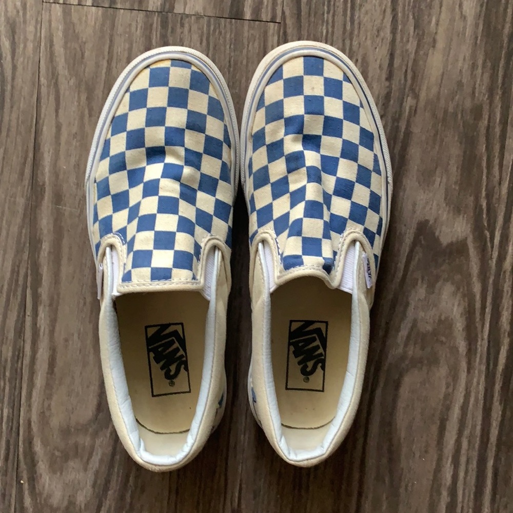 Blue and white checkered slip on vans